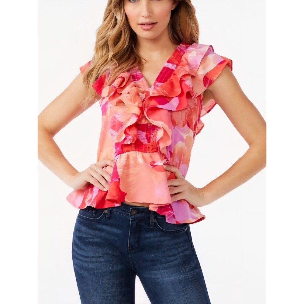 Sofia By Sofia Vergara Smocked Flame Ruffle Casual Party Large Top